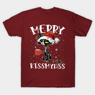 Merry Kissmyass Cat Christmas light Funny T-Shirt